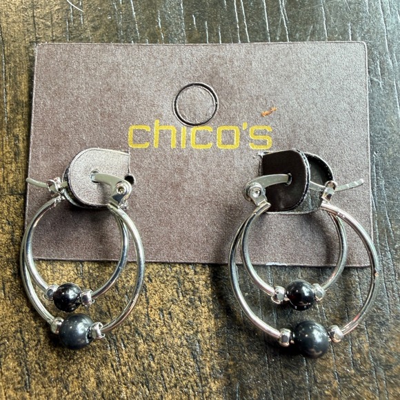 Chico's Jewelry - Chico's Hoop Earrings Y2K Silver Tone Black Bead 0.75" Double Hoop Locking Wire